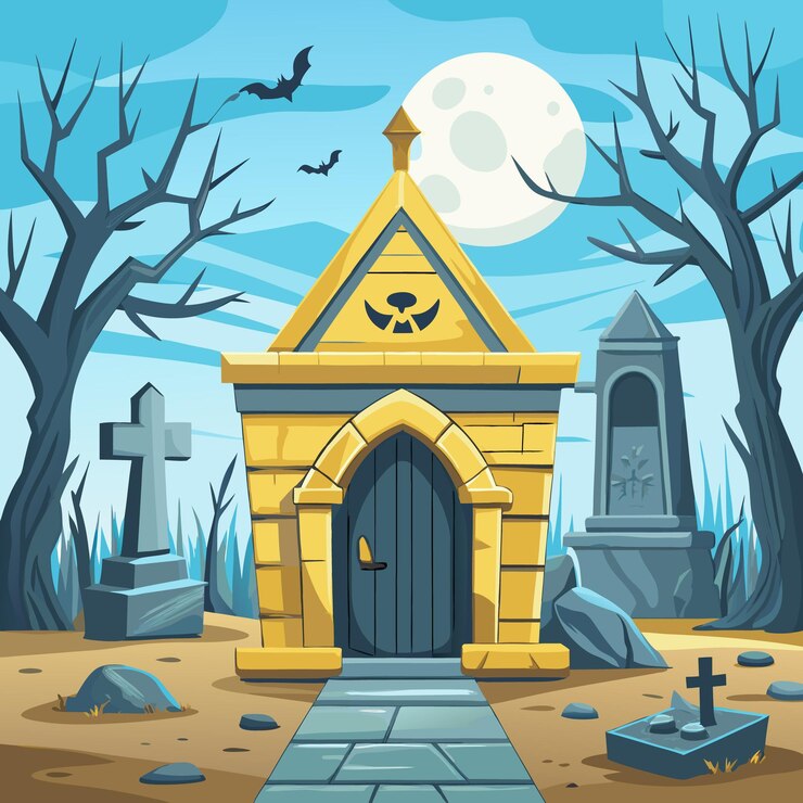 Vector una escena espeluznante en un cementerio con lápidas y murciélagos en una cripta
