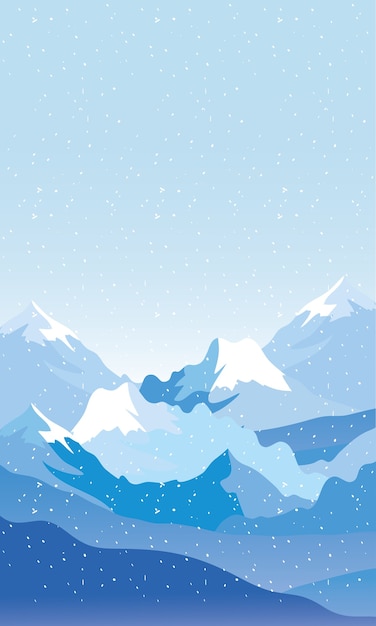 Vector escena estacional de escapo de nieve con montañas.