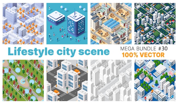 La escena del estilo de vida de la ciudad establece ilustraciones en 3D sobre temas urbanos con casas