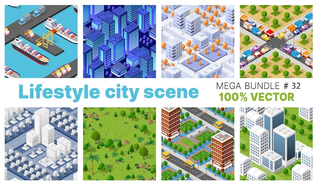 Vector la escena del estilo de vida de la ciudad establece ilustraciones sobre temas urbanos con casas, automóviles, personas, árboles y parques.