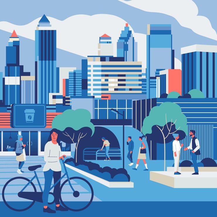Escena de estilo de vida urbano moderno con peatones ciudadanos aceras y edificios Paisaje urbano monocromo
