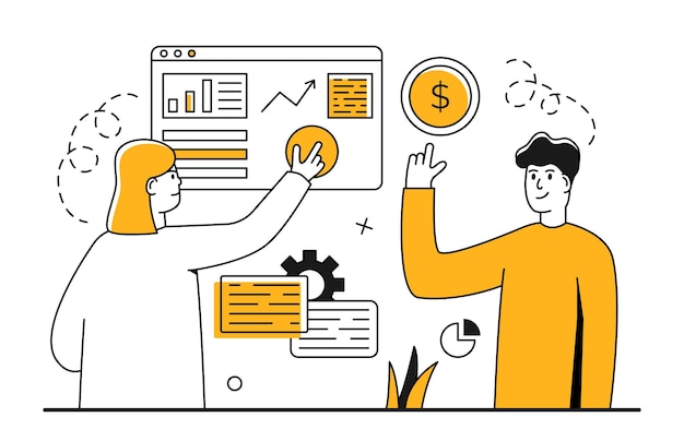 Escena de estrategia de marketing Gente de negocios de pie alrededor de la ventana con estadísticas Pequeñas personas de negocios alrededor de un enorme dispositivo digital con gráficos y tablas de datos Concepto de ilustración vectorial