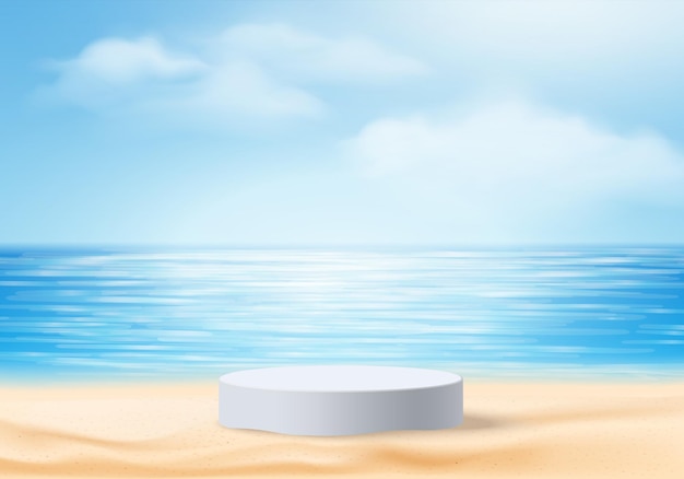 Vector escena de exhibición de productos de fondo de verano 3d con nubes de cielo. pantalla de podio blanco en la playa en el mar