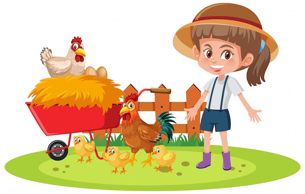 Vector escena con farmgirl y muchas gallinas sobre fondo blanco.