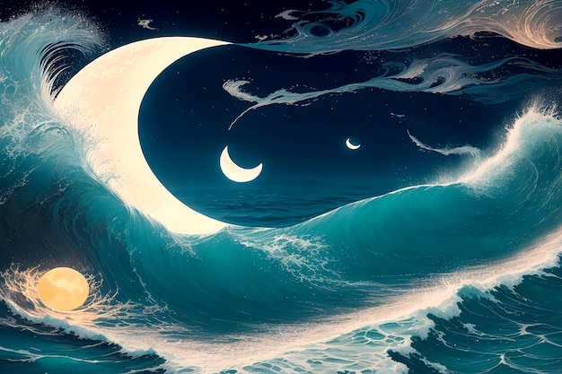 Vector una escena fascinante de olas rompiendo contra la orilla bajo una gran luna luminosa representada