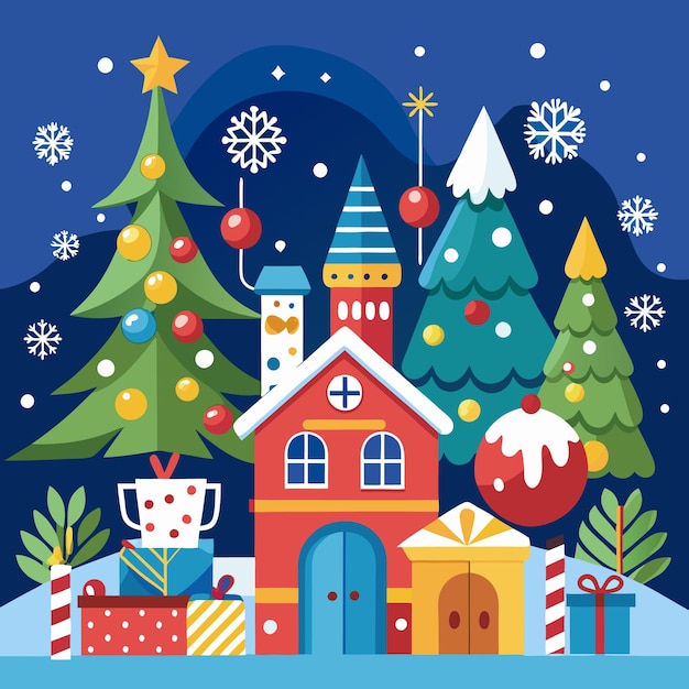 Una escena festiva de invierno con una casa roja decorada con árboles de Navidad y regalos bajo un cielo estrellado por la noche