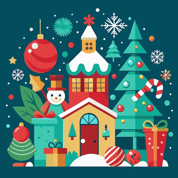 Una escena festiva de invierno con un muñeco de nieve de la casa regalos de árbol de Navidad y adornos