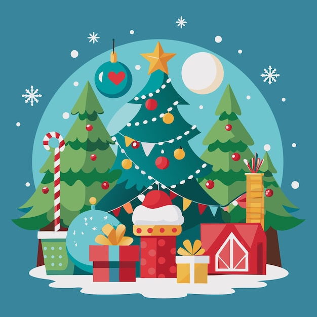 Una escena festiva de Navidad con un árbol decorado con regalos y nieve