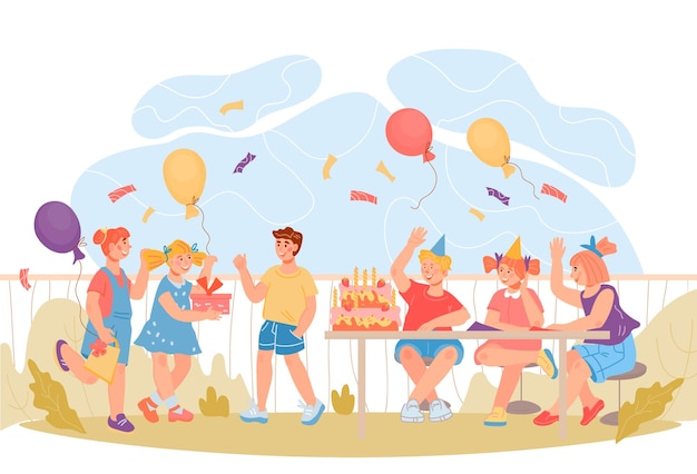 Vector escena de fiesta de cumpleaños de niños de verano en el patio trasero con personajes de dibujos animados de niños felices