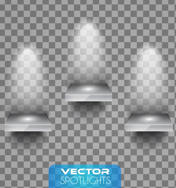 Escena de focos vectoriales con diferentes fuentes de luces apuntando al piso o estante.