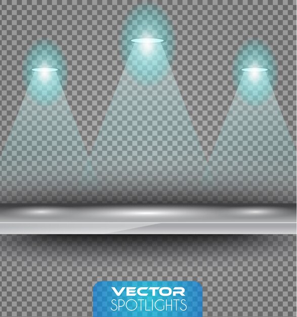 Vector escena de focos vectoriales con diferentes fuentes de luces apuntando al piso o estante.