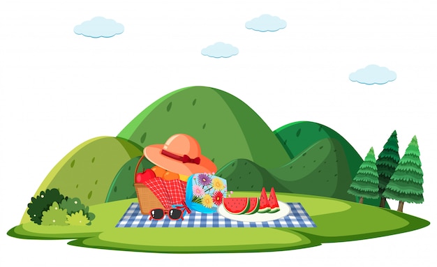 Vector escena de fondo con almuerzo de picnic en la hierba