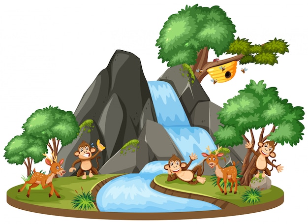 Escena de fondo de animales junto a la cascada