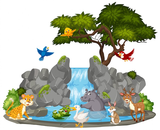 Escena de fondo de animales salvajes y cascada