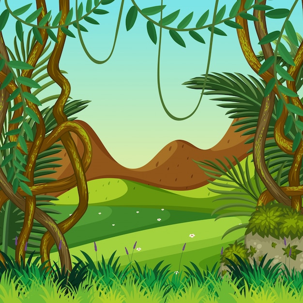 Vector escena de fondo con campo y montañas