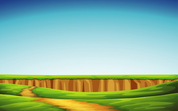 Vector escena de fondo con campo verde y cielo azul