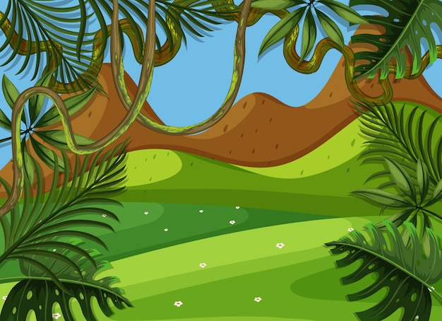 Vector escena de fondo con campo verde y montaña