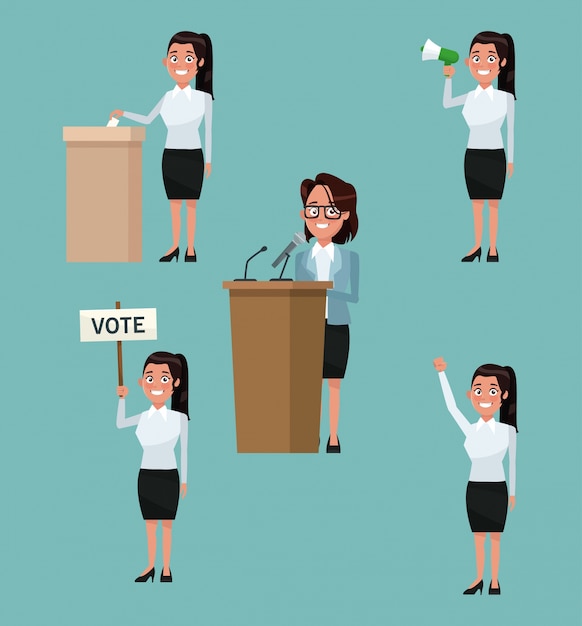 Vector escena de fondo conjunto de personas de la mujer en traje formal en diferentes posturas para la candidatura de voto