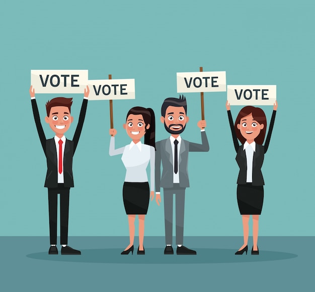 Escena de fondo conjunto de personas en traje formal con banner que promueve la votación