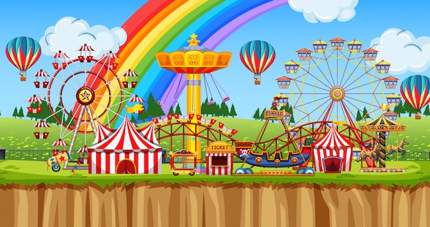 Vector escena de fondo del funpark con muchas atracciones