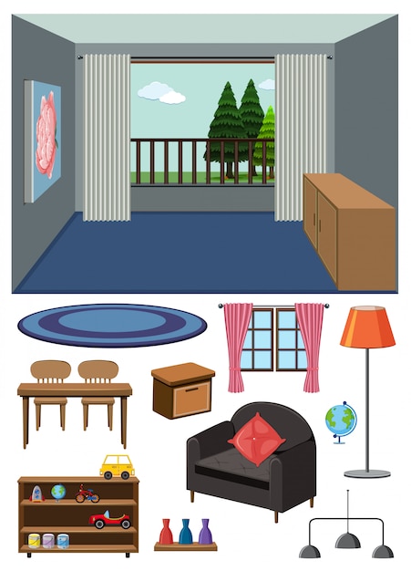 Vector escena de fondo de habitación vacía y conjunto de muebles