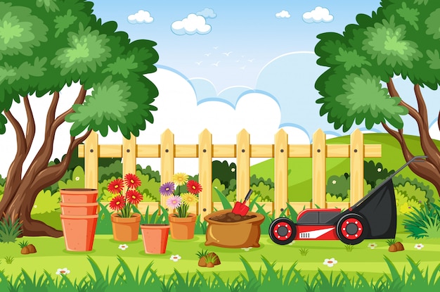 Vector escena de fondo con herramientas de jardinería en el parque