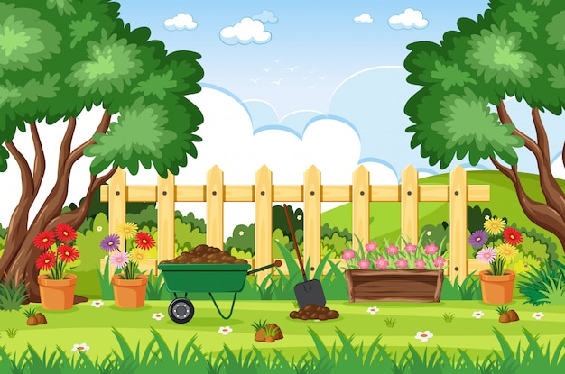 Vector escena de fondo con herramientas de jardinería en el parque