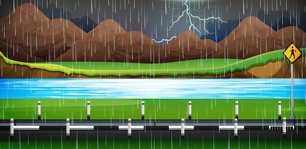 Vector escena de fondo con lluvia en la carretera