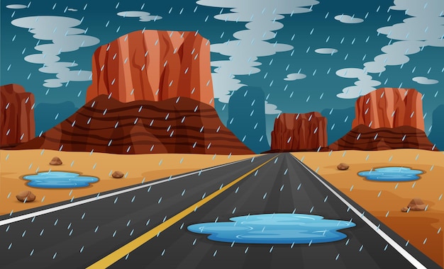 Escena de fondo con lluvia en la ilustración de la carretera