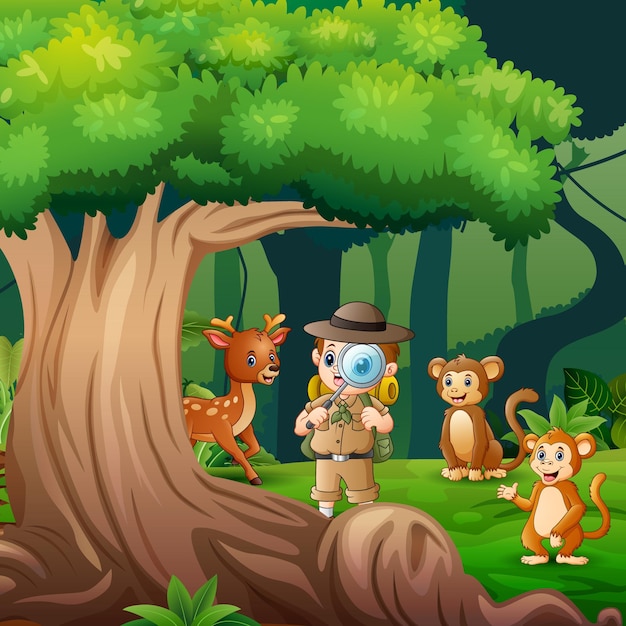 Escena de fondo con niño explorador y animales en la selva.