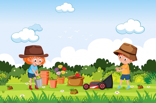 Escena de fondo con niños plantando en el parque
