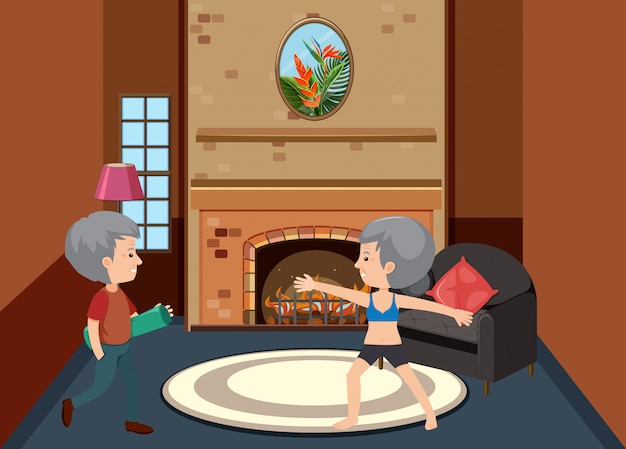 Vector escena de fondo con pareja de ancianos en casa