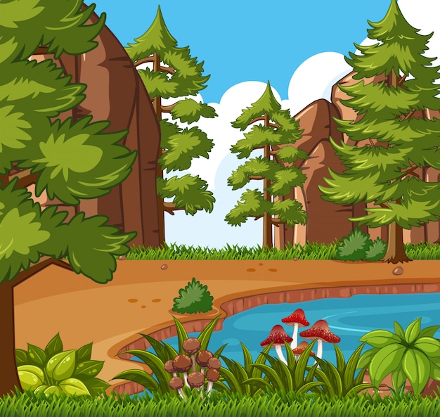 Vector escena de fondo con una pequeña piscina en el bosque