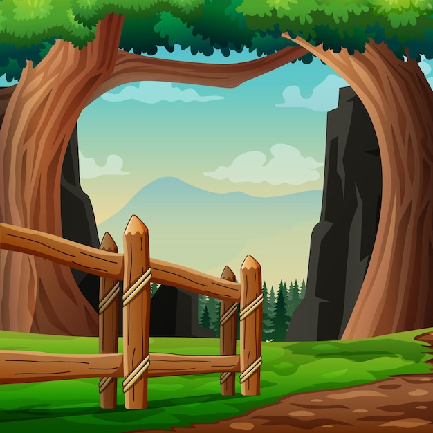 Escena de fondo con valla de madera en la ilustración de la naturaleza