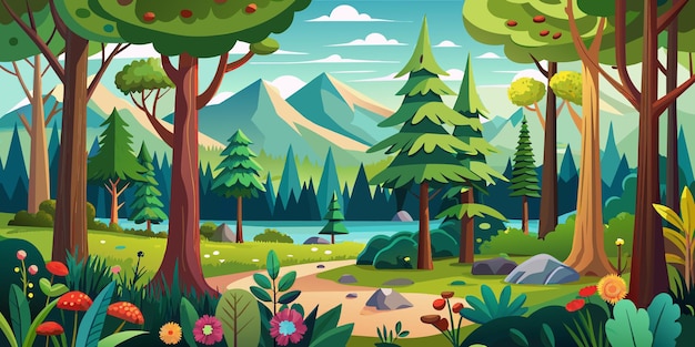 Escena forestal con varios árboles forestales Ilustración vectorial