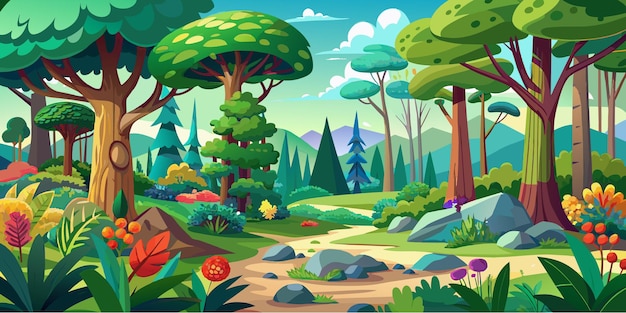 Escena forestal con varios árboles forestales Ilustración vectorial