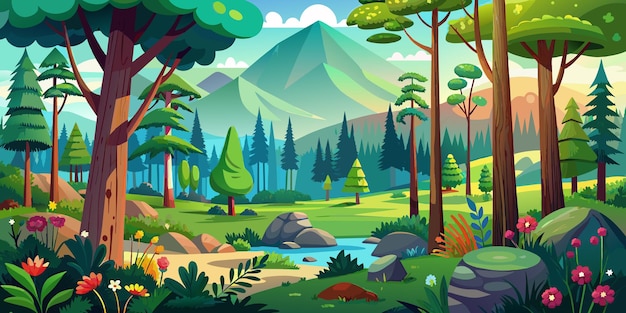 Escena forestal con varios árboles forestales Ilustración vectorial