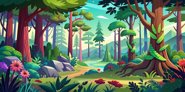 Escena forestal con varios árboles forestales Ilustración vectorial