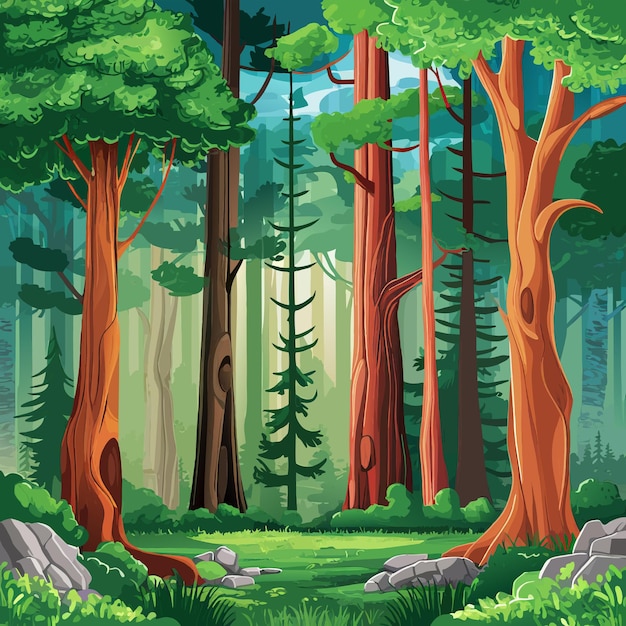 Escena forestal vectorial con varias ilustraciones de árboles forestales