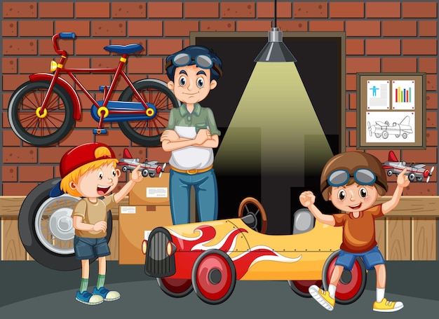 Escena de garaje con niños arreglando un coche juntos.