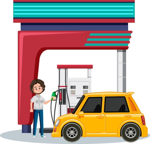 Escena de la gasolinera sobre fondo blanco.