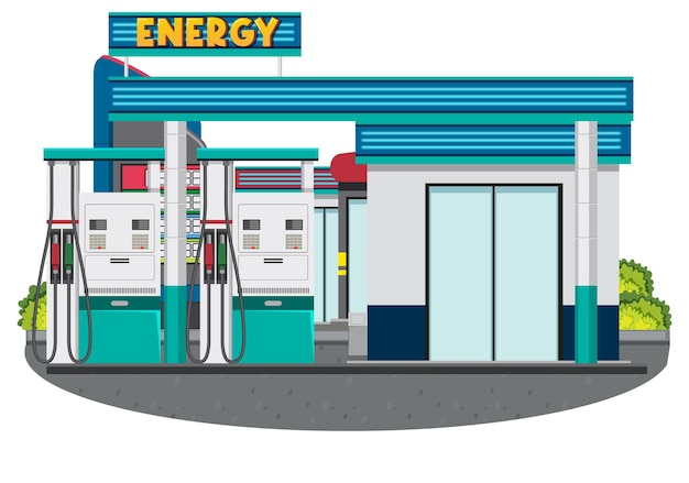 Vector escena de la gasolinera sobre fondo blanco.