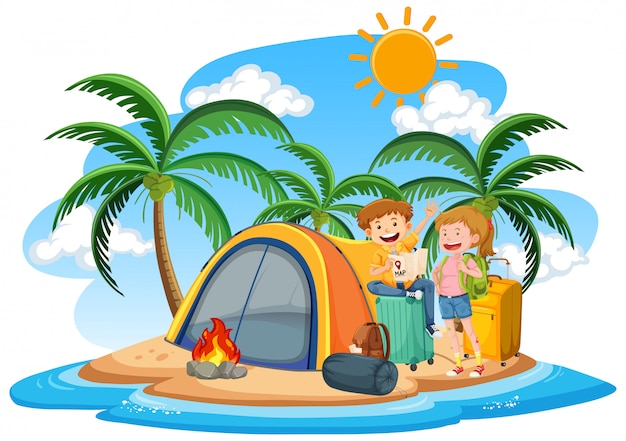 Escena con gente acampando en la isla
