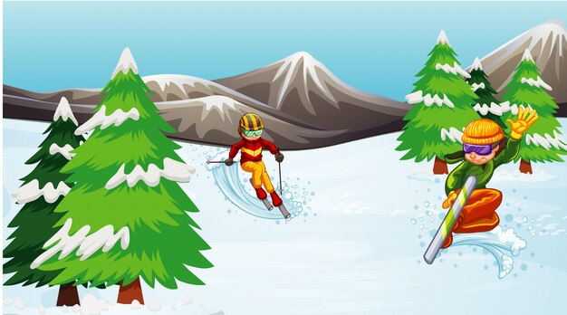 Vector escena con gente esquiando y practicando snowboard en el campo