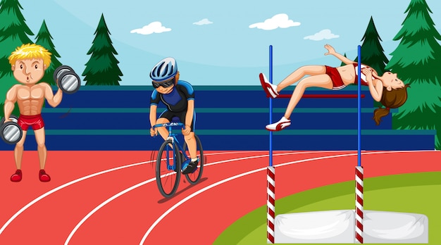 Vector escena con gente haciendo deportes de atletismo