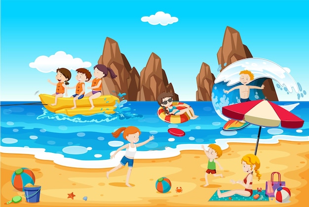 Escena con gente en la playa.