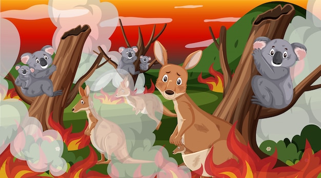 Vector escena con gran incendio forestal con animales atrapados en el bosque