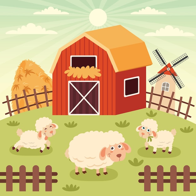 Vector escena de la granja con animales de dibujos animados