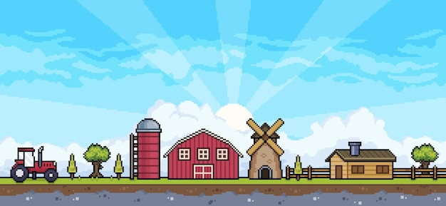 Escena de granja de arte de píxeles con tractor, granero, silo, molino, casa. Fondo de paisaje para juego de 8 bits