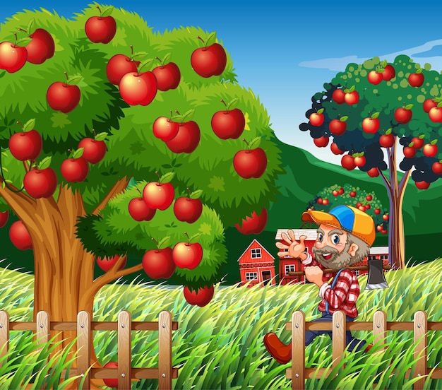 Escena de la granja con granjero cosecha manzanas.